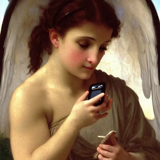 Prompt: an oil painting of an angel talking with an iPhone close to her ear, by Bouguereau, highly realistic and intricate