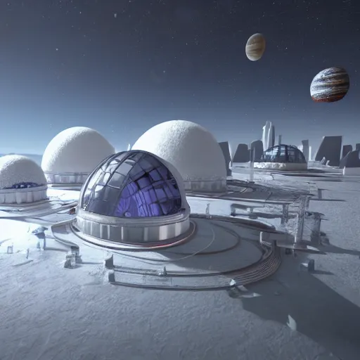 Image similar to a space colony on a icy planet with buildings mostly being domes