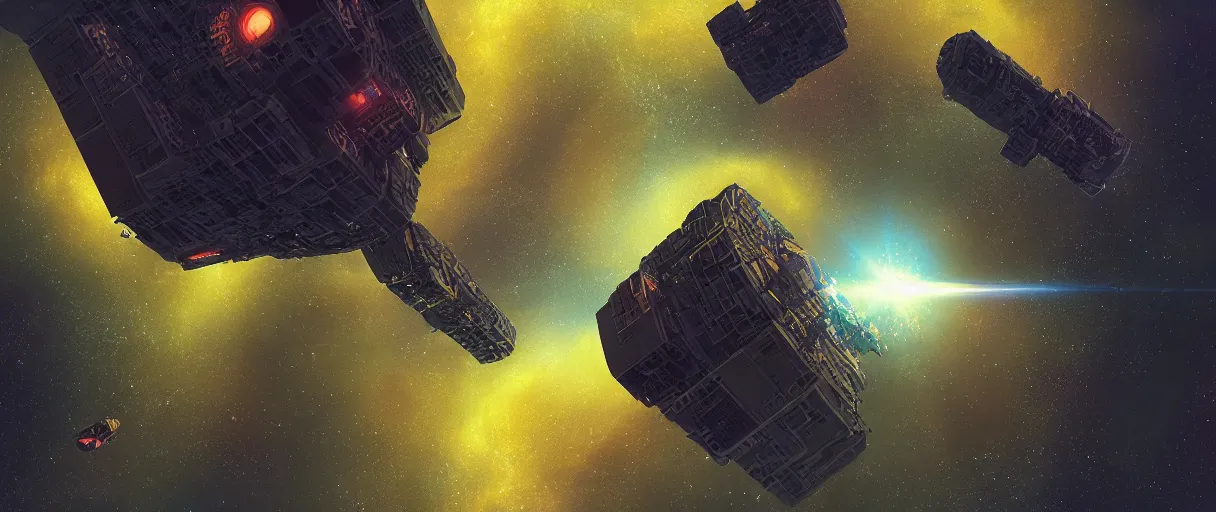 Image similar to illustration, a single small spaceship, deep space exploration, alone, the expanse tv series, industrial design, nebula, cinematic lighting, 4k, greebles, widescreen, wide angle, sharp and blocky shapes, rich colors, highly detailed painting, beksinski