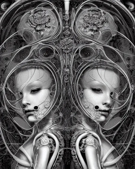 Prompt: mythical dreamy black and white organic bio-mechanical spinal ribbed profile face portrait detail of translucent steampunk beautiful siamese sisters females angelic-human-queen-vegetal-cyborg, highly detailed, intricate trnaslucent ivy jelly ornate, poetic, translucent roses ornate, 3D render, digital art, octane render, 8K artistic photography, photo-realistic, by Dora Maar