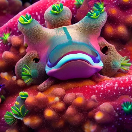 Image similar to close-up of a sea slug looking like fantasy characters with cute faces live in its habitat, trending on artstation