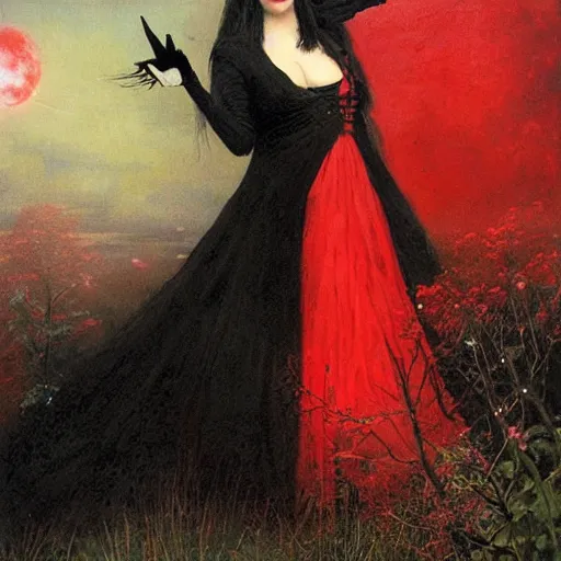 Image similar to witch dressed in black and red, by howard david johnson.