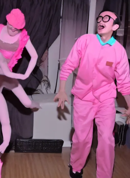 Image similar to goji singing in an scenario while filthy frank dances next to him in a pink outfit