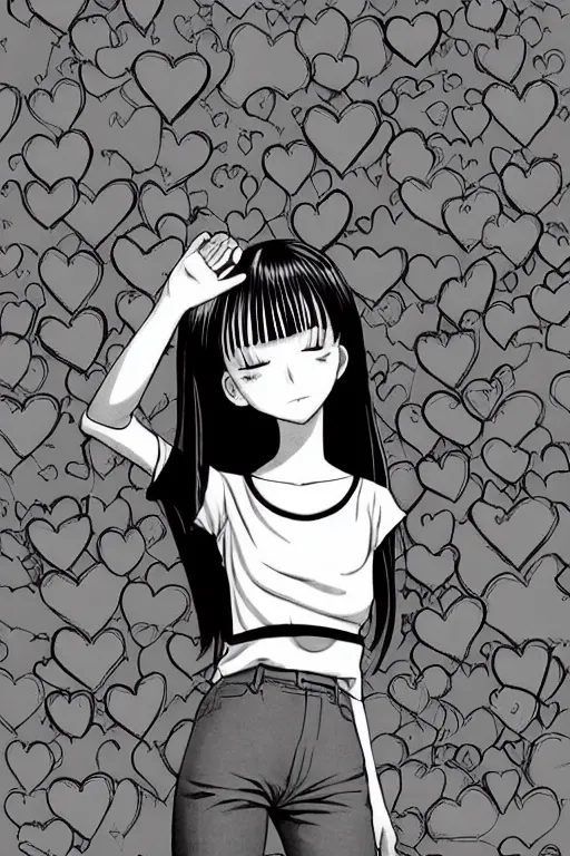 Image similar to portrait of a girl in long pants and a top, hands in pockets, eyes closed, red color heart shaped tattoo on the right hand, bob haircut, digital art, black and white, illustration by junji ito and kaoru mori