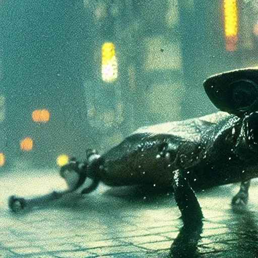 Prompt: Close up of Lepidobatrachus laevis facing the camera in a still from the movie Blade Runner (1982), high quality, rain, rain drops, cold lighting, 4k, night, award winning wildlife photo, National Geographic