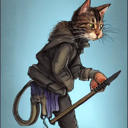 Prompt: humanoid homeless cat holding a bindle, concept art, d & d, fantasy