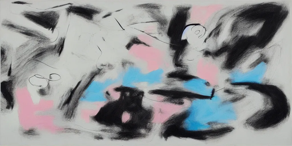 Image similar to black white painting by de kooning on white canvas, soft blue and pink tints, thin black lines, detailed martha jungwirth drawing sketch, painted by yves tanguy, informal, oil on canvas, thick impasto