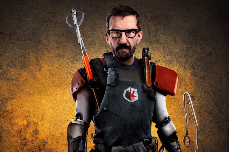 Image similar to vfx movie closeup real life gordon freeman holding wearing futuristic armor, half life logo on chest, crowbar in russian train yard by emmanuel lubezki