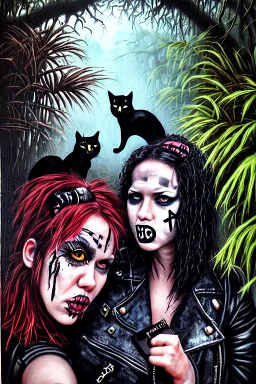 Image similar to punk rock girls kissing and making selfie with black cats in jungle , 1980 style, mad max jacket, post apocalyptic, Cyberpunk, renaissance, Gothic, mystic, highly detailed, 4k, fog, oil painting on canvas, Matrix movie, hyper realistic style, fantasy by Olga Fedorova