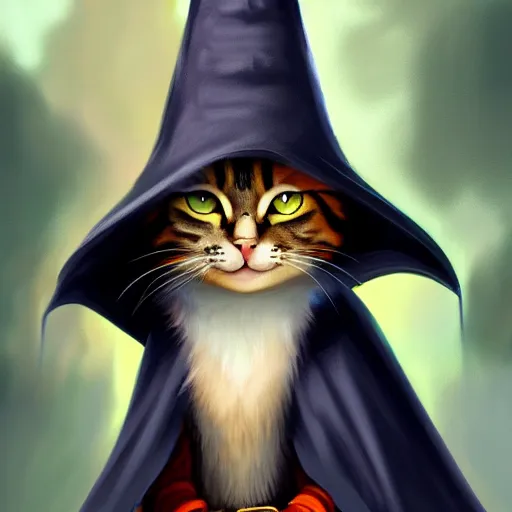 Prompt: matte oil painting of a bipdel cat wearing long wizard robes, anthropomorphic cat wearing a wizard hat, dnd, character reveal, magic, posing, full body portrait, high resolution, detailed, inspiring, award - winning