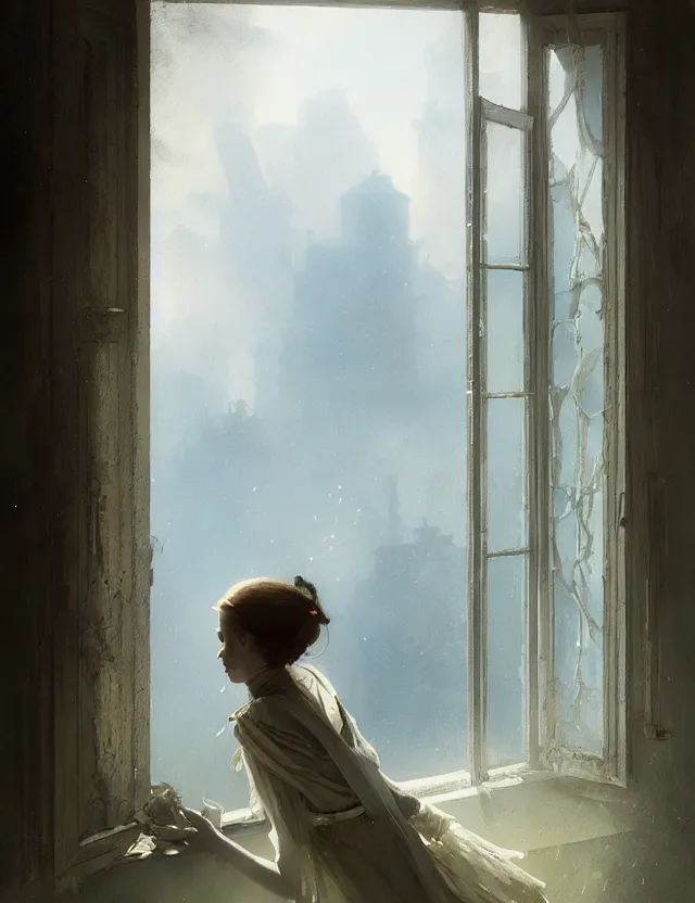 Image similar to the girl at the window, her loose hair, omar ortiz, karl spitzweg, ismail inceoglu, dragan bibin, hans toma, greg rutkowski, wayne forrest, krzysztof lukashevich, perfect face, fine details, centered, rule of thirds, photorealistic shading