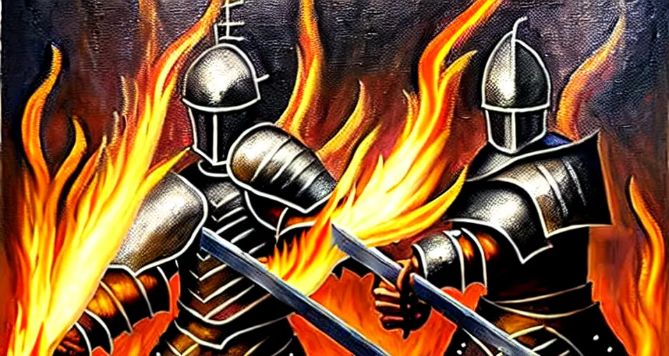 Image similar to An oil painting of a knight in dark metal armor wielding a flaming sword