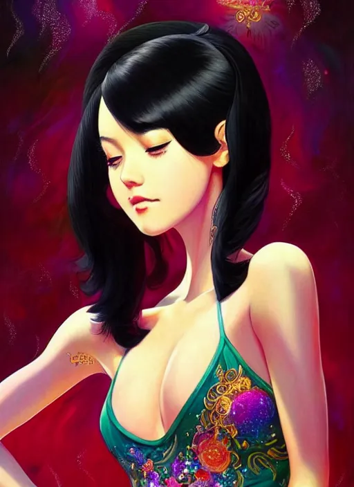 Image similar to a beautiful dancer with black hair in 1970's fashion, ballroom background, intricate, highly detailed, digital painting, artstation, official media, anime key visual, concept art, rich vivid colors, ambient lighting, sharp focus, illustration, art by Artgerm, Makoto Shinkai, Ilya Kuvshinov, Lois Van Baarle, and Rossdraws