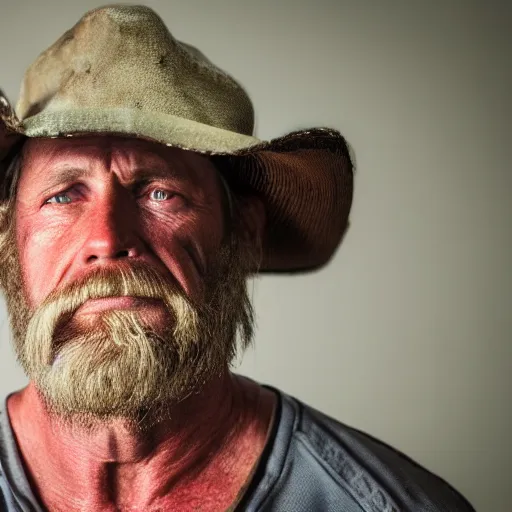 Image similar to film still photo portrait of a toothless middle aged 5 6 year old redneck hillbilly, realistic, hyperrealistic, 8 k resolution, hd quality, very detailed, highly detailed, intricate details, real life, real world, trending on artstation, digital art, really realistic, very realistic, headshot, head in frame, photograph, portrait, mugshot