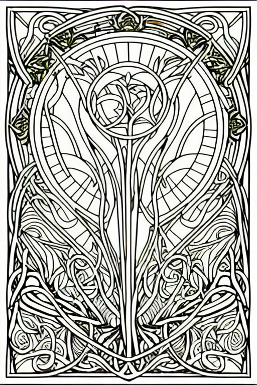 Image similar to vector images, art nouveau border designs, smooth lines, strong outline, coloring book outline