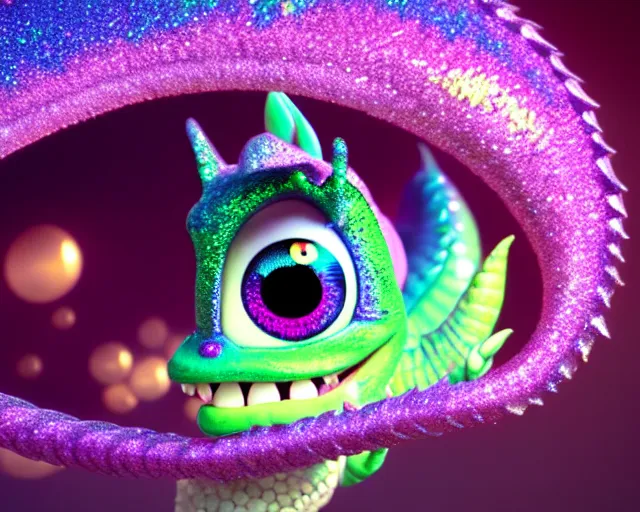 Prompt: a cute cute baby dragon, big eyes, soft scale texture, pastel colours, colorful, shiny glitter crystals, cute, adorable, pixar animation style, detailed, soft light, octane render, cute, 4 k,