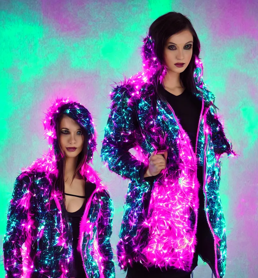 Prompt: autumn season rave jacket with led skin and fluffy lining in the style of cyberdog, futuristic psychedelic hippy, product shot, dark background, neon lighting