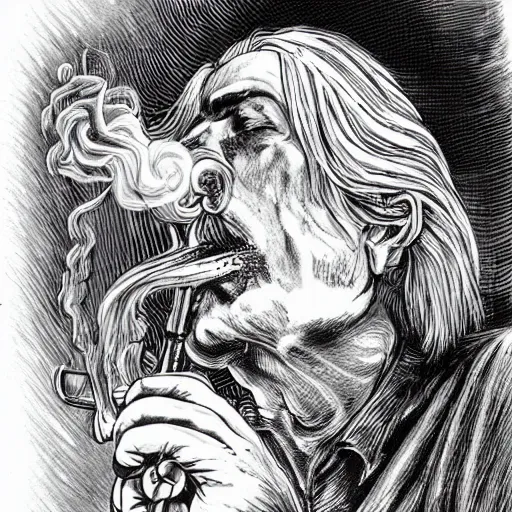 Image similar to highly detailed figure of a person with long white hair coming out from a smoking pipe, comic art, tattoo art, intricate, elegant.