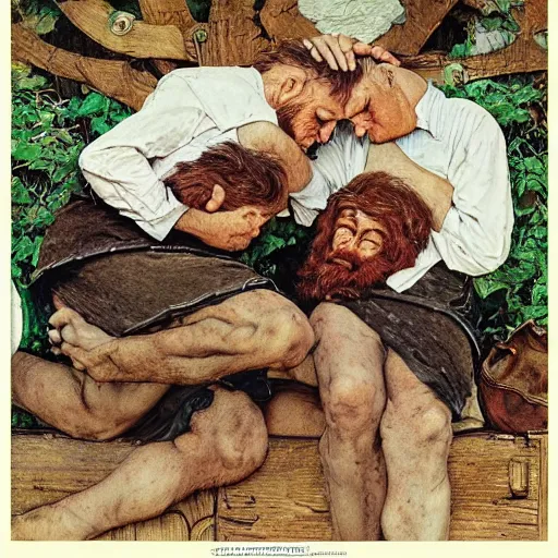 Prompt: detailed photo of extremely beautiful dwarves having good rest after work, intricate details, norman rockwell style