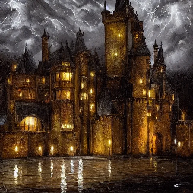 Prompt: high detail, well maintained castle with moody lighting, far away - shot from the front gate courtyard with lightning in the background, oil painting in the style of seb mckinnon