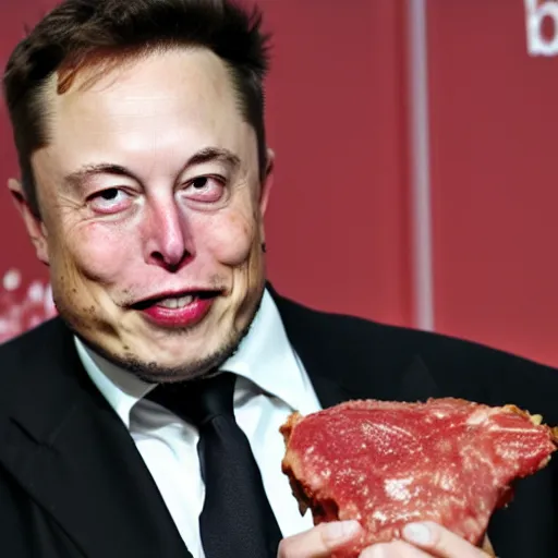 Prompt: elon musk holding a piece of meat, offering it to you