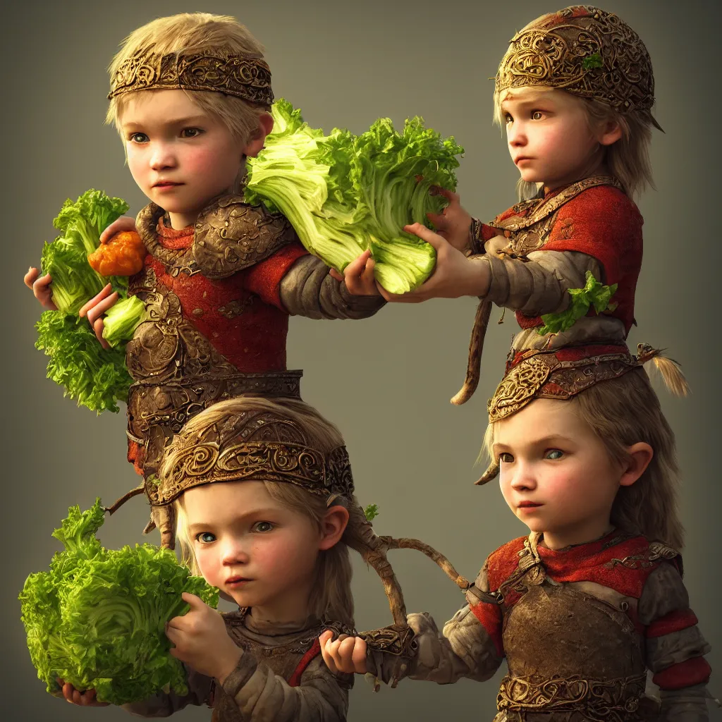 Image similar to profile picture of a Viking child holding vegetables, intricate, ornate, photorealistic, ultra detailed, octane render, high definition, depth of field, bokeh, 8k, artstation, cgsociety