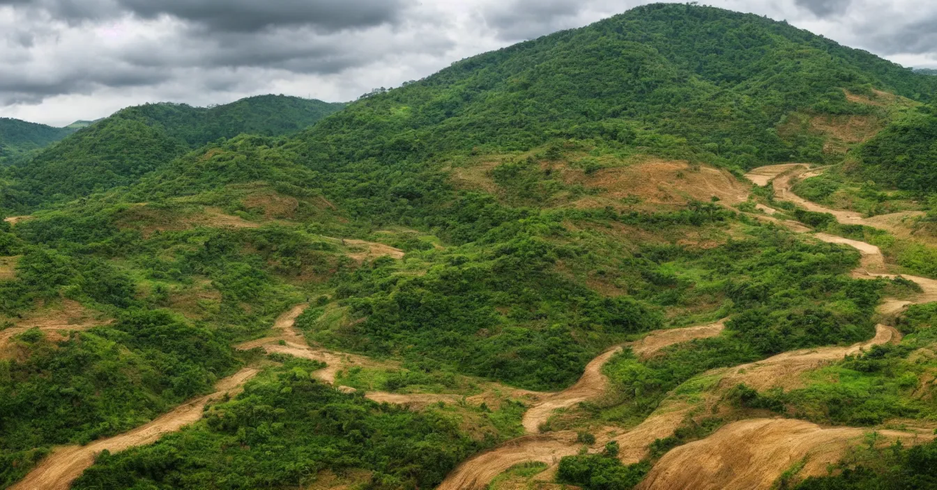 Prompt: green hills, foreground savanna tree, erosion channels river, landslide road, background mountains, high summer, cloudy sky, heavy grain, high quality,