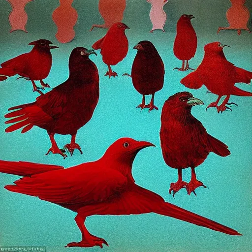 Prompt: surreal colour photography of a red raven dark turquoise and shadows by sandy skoglund and heironymus bosch, victorian painting