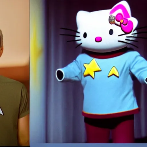 Prompt: mark zukerberg as Data from Star Trek wearing a hello kitty t-shirt, movie still from Star Trek