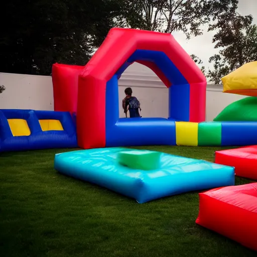 Prompt: photo of endless dimly lit liminal space made of bouncy castle