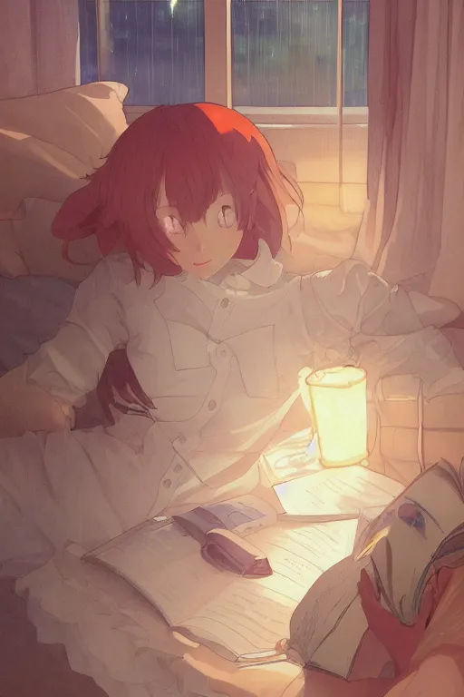 Prompt: a teenage girl with white short hair in a jk uniform outfit in the bedroom reading a book in a night, raining outside the window, warm and orange theme, by krenz cushart and mucha and akihito yoshida and greg rutkowski and makoto shinkai, 4 k resolution