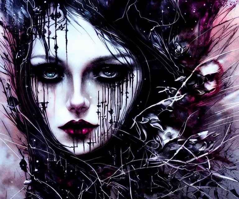 Image similar to stunning otherworldly gothic goddess of beauty, dark and mysterious, atmospheric, ominous, eerie, cinematic, epic, 8 k, 4 k, ultra detail, ultra realistic, rendered by awesomeness. nights falling wind is blowwing snow is pilling concept art in style of carne griffiths artwork by xsullo