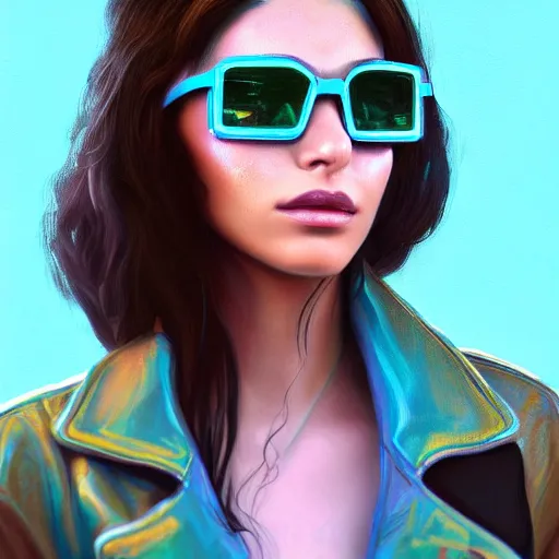 Image similar to closeup painting of a very beautiful young mexican cyberpunk woman with a smirk, wearing light blue shutter shades and a dark brown leather jacket, one side haircut, long brown hair with light blue ends, portrait, hyperdetailed, artstation, cgsociety, 8 k, synthwave by tangerine dream