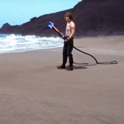 Prompt: anakin skywalker vacuuming the beach to remove sand