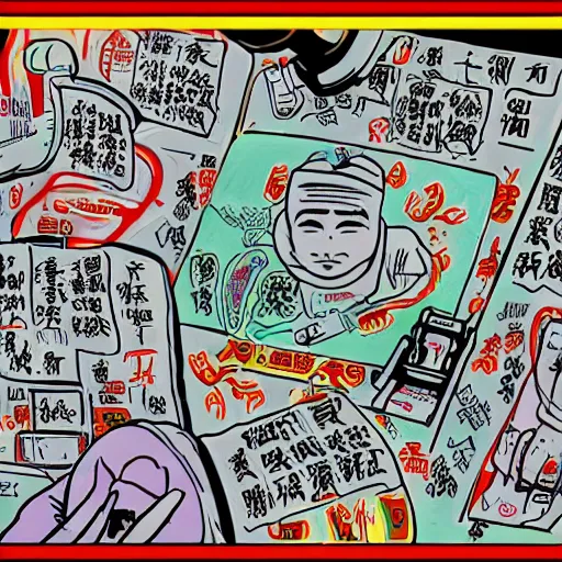 Image similar to chinese surgery operating table, in the style of daniel johnston and outsider art, 8k, line brush, overlaid with chinese adverts