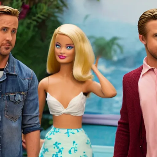 Prompt: still of ryan gosling and margot robbie, in barbie movie