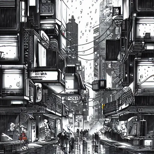 Image similar to manga illustration of poor cyberpunk city, rainy weather, highly detailed