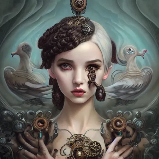 Prompt: tom bagshaw, grotesque and bizarre curiosities in steampunk lovecraftian world, beautiful asian mix of dove cameron madison beer bella poarch in a full dress, pure makeup, professionally retouched, focus eyes, ultra realistic soft painting, insanely detailed linework, symmetrical accurate intricate features, behance, 8 k