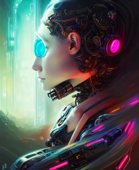 Prompt: whirlwind souls rushing inside metaverse, half body, tiara, robotic, android, cyborg, cyberpunk face, steampunk, by loish, d & d, fantasy, intricate, elegant, highly detailed, colorful, vivid color, digital painting, artstation, concept art, art by artgerm and greg rutkowski and ruan jia