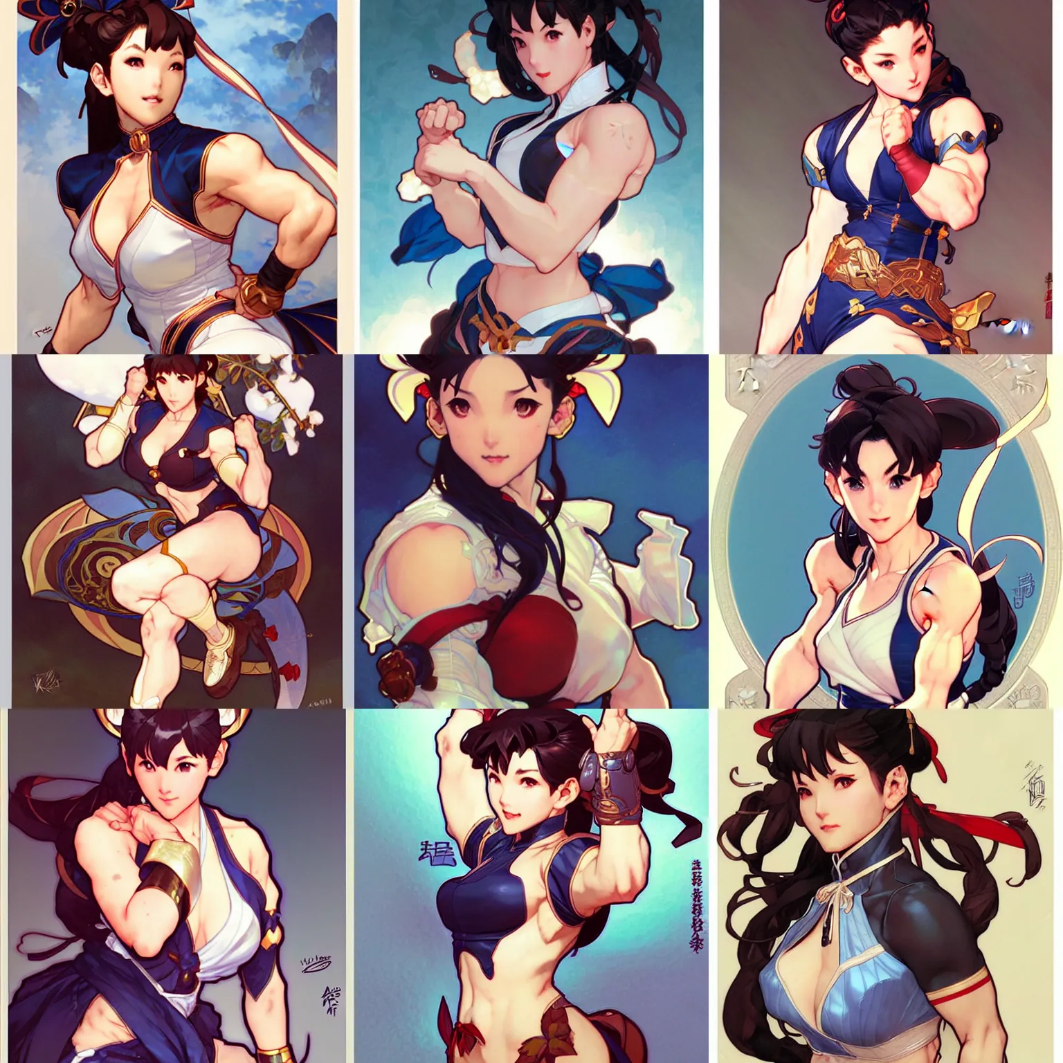 Image similar to an adorable chun - li by krenz cushart, artgerm, alphonse mucha, akihiko yoshida