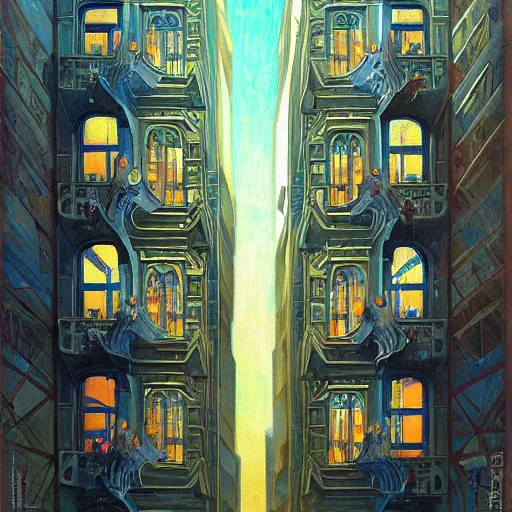 Prompt: beautiful painting of an art moderne city, glowing windows. reflective detailed textures, moth wings, highly detailed dark fantasy science fiction painting by donato giancola and peter mohrbacher and nicholas roerich and diego rivera, elaborate geometric ornament, ancient runes, silver and cool colors. artstation