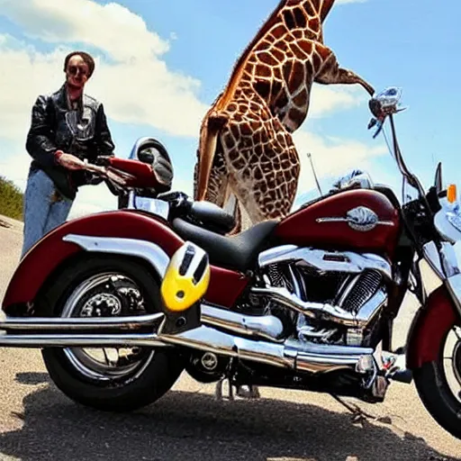 Image similar to giraffe on a Harley Davidson on the road, funny picture