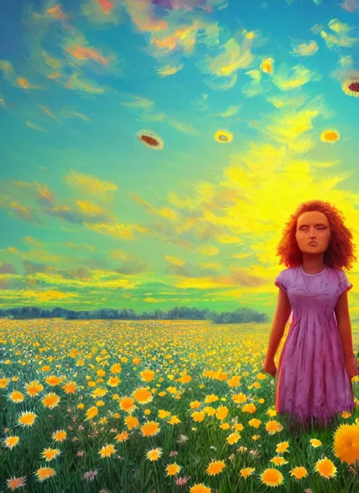 Image similar to girl face made of giant daisies, standing in a flower field, holding flowers, surreal photography, sunset dramatic light, impressionist painting, colorful clouds, large sky, digital painting, artstation, simon stalenhag