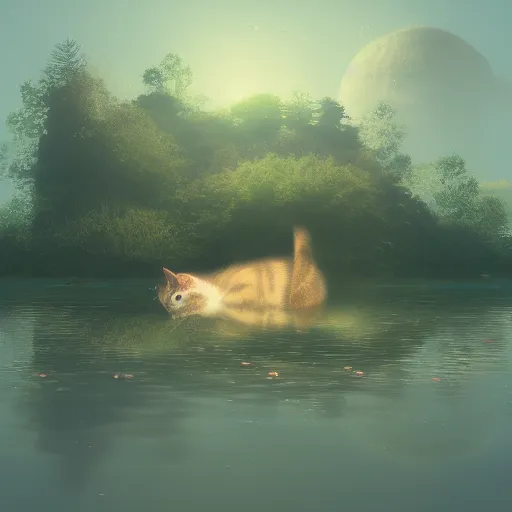 Image similar to cat at a lake staring at fish in clear water at night, hyperdetailed, artstation, cgsociety, 8k