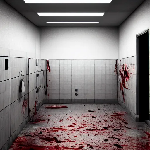 Prompt: public men's restroom with a limitless rows of urinals, dim lighting, scary, blood splattered on floor, photorealistic, 8 k, 1 5 0 mp,