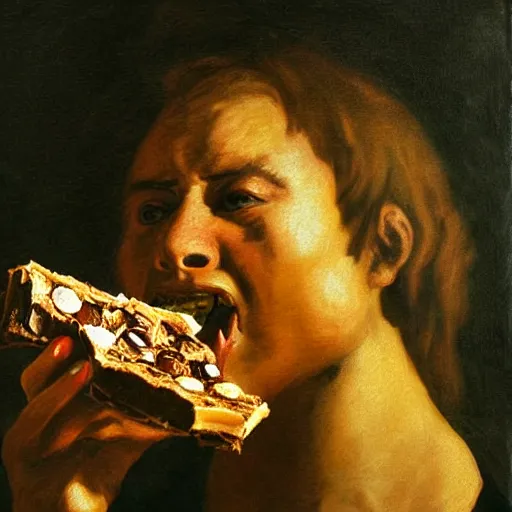 Image similar to saturn devouring a snickers chocolate bar, goya painting, in the style of goya and greg rutkowski, in the style of black paintings, 8 k, highly realistic