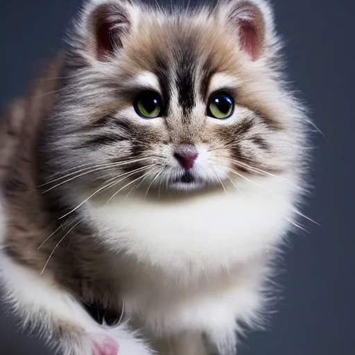 Image similar to fluffy miniature feline cat hamster portrait, aesthetic highly detailed soft fur and paws, professionally shot photorealistic 8k photograph, 35mm Canon EOS R3, rendered in octane, by Natalie Große and Jason Allison