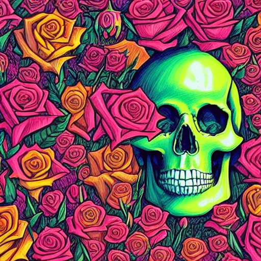 Image similar to ortographic view of large skulls and vivid roses by Jen Bartel and Dan Mumford and Satoshi Kon, gouache illustration, vivid colors