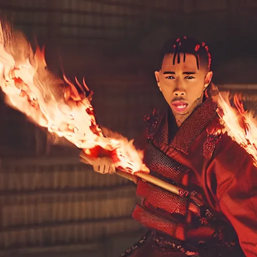 Image similar to cinematic film still of Tyga starring as a Samurai holding fire, Japanese CGI, VFX, 2022, 40mm lens, shallow depth of field,film photography