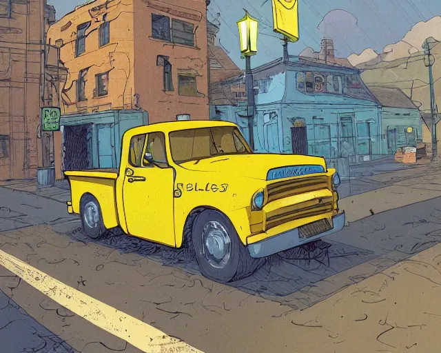 Image similar to a study of cell shaded cartoon of a yellow truck on a country road, street lamps, road, illustration, wide shot, subtle colors, post grunge, concept art by josan gonzales and wlop, by james jean, Victo ngai, David Rubín, Mike Mignola, Laurie Greasley, highly detailed, sharp focus, alien, Trending on Artstation, HQ, deviantart, art by artgem